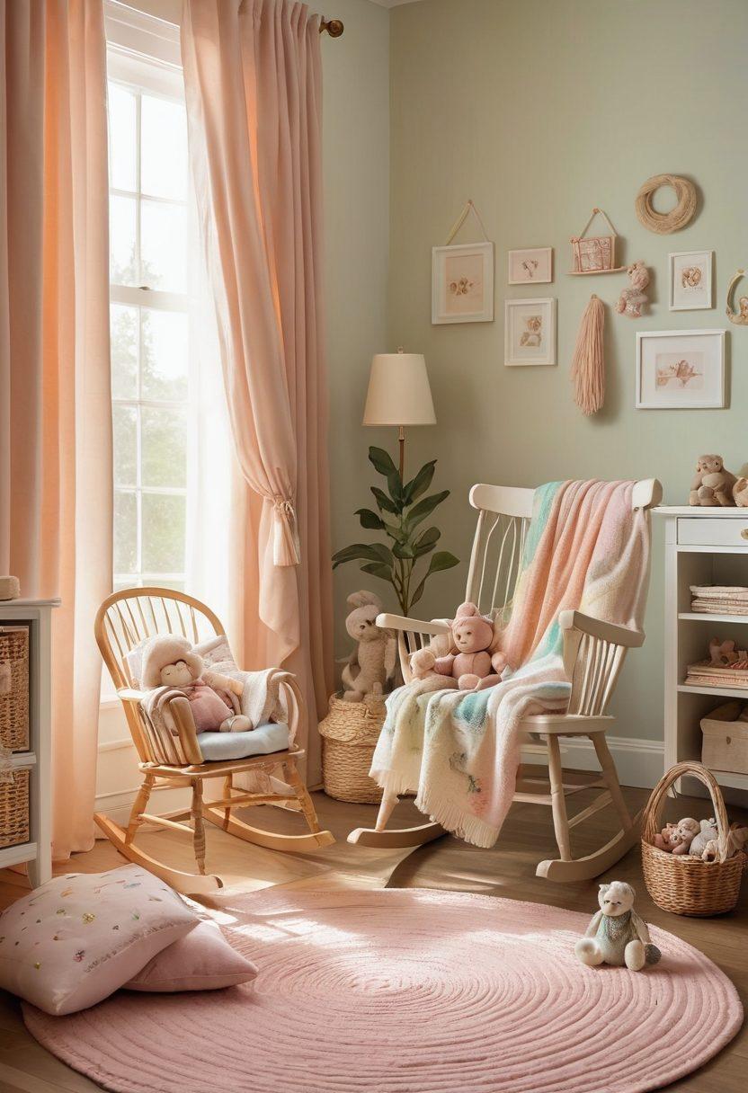 A heartwarming scene featuring a cozy nursery filled with charming free baby items: a soft knitted blanket, handmade toys, and cute wall decorations. A joyful new parent lovingly cradles their newborn while surrounded by these delightful gifts. The soft morning light filters through sheer curtains, creating an inviting atmosphere. Gentle pastel colors dominate the palette to evoke warmth and charm. super-realistic. vibrant colors. cozy atmosphere.