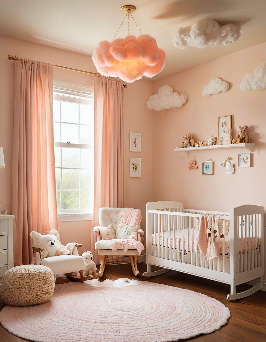 A cozy nursery scene featuring a whimsical crib adorned with fluffy clouds, cute animal wall art, and a colorful mobile. Include a plush rocking chair with a soft blanket draped over it and shelves filled with adorable baby toys. Soft natural light filters through sheer curtains, creating a warm and inviting atmosphere. Highlight the playful and joyful essence of a new parent’s journey. pastel colors. super-realistic.