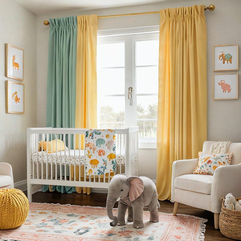 A bright and cheerful nursery filled with an array of baby products like cribs, toys, and adorable clothes. Include a magical atmosphere with soft light filtering through pastel-colored curtains and playful decorations on the walls. In the foreground, display a beautifully wrapped giveaway box overflowing with baby essentials. Incorporate a friendly baby elephant motif in the design to symbolize joy and nurturing. vibrant colors. super-realistic.